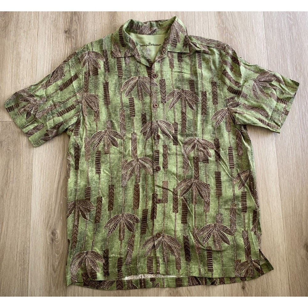 Tommy Bahama Mens Hawaiian Shirt Green Palm Bamboo Tropical Silk Button Up M